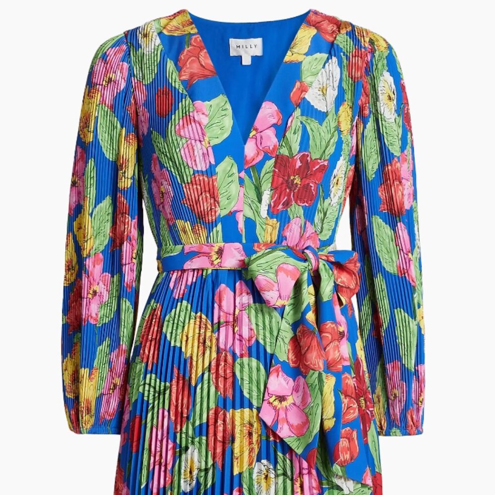 Milly  Liora Floral Pleated Tie-Waist Midi Dress Sz -8 NWT